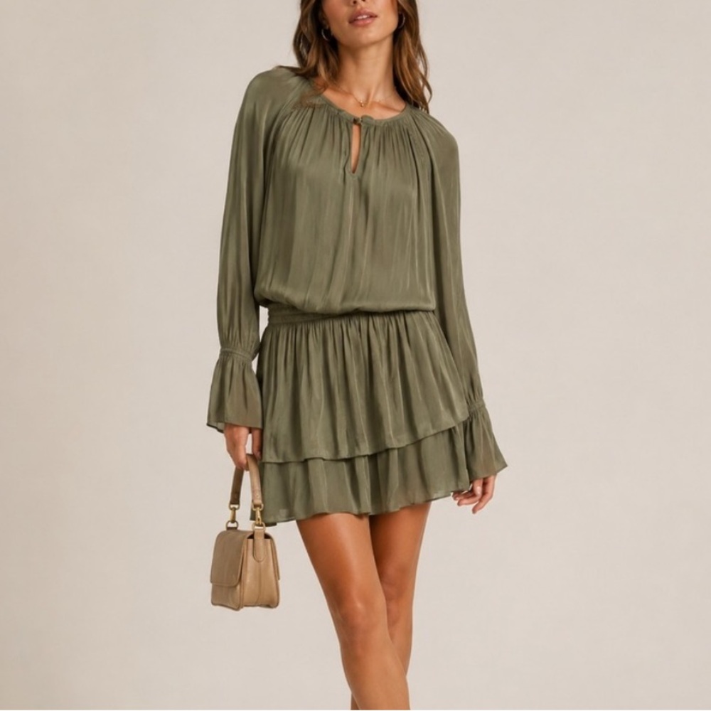 Ramy Brook Bell Sleeve Blouson Olive Green Smocked Waist Keyhole Mini Dress